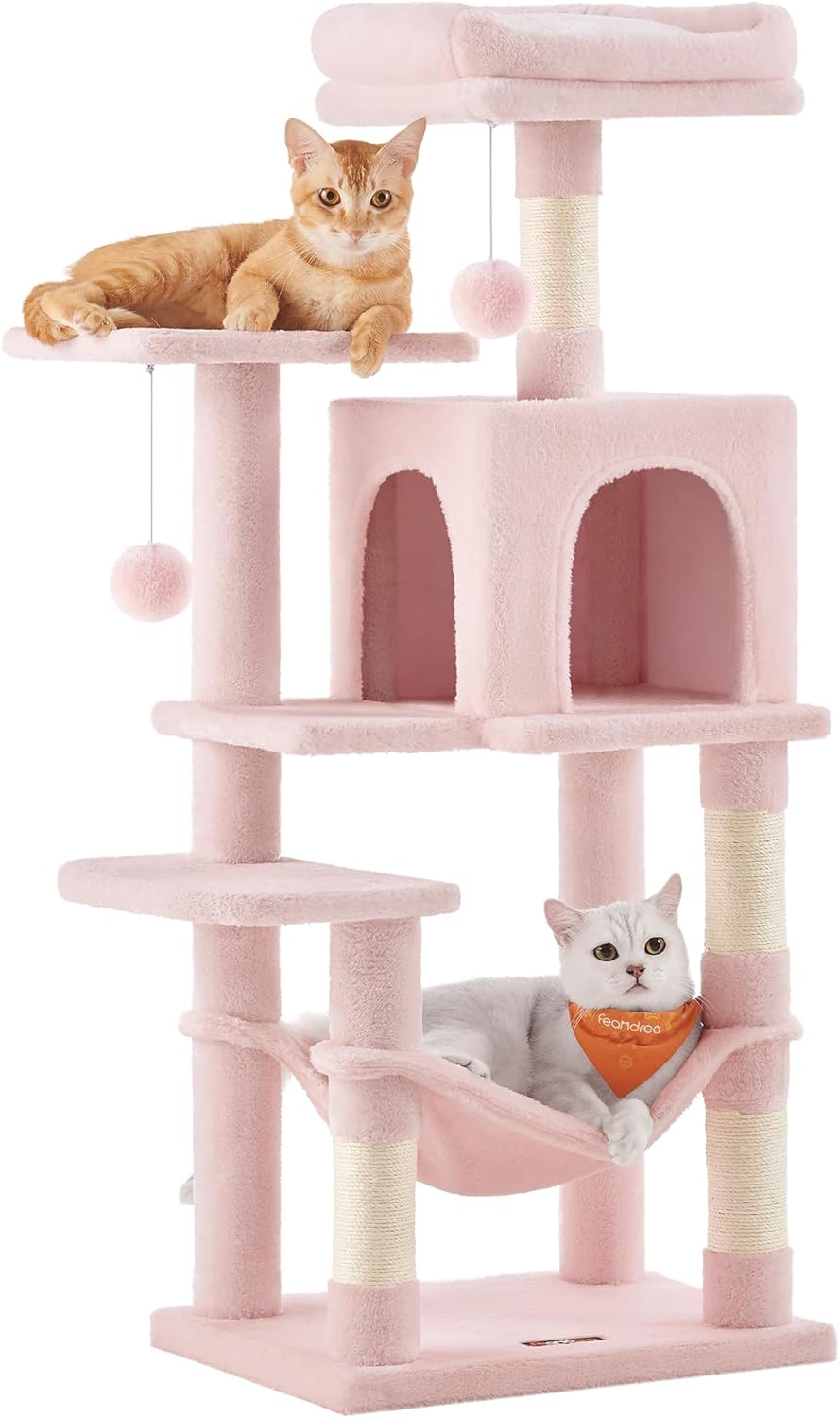Feandrea Cat Tree, 59.5-Inch Tall Cat Tower, Plush Multi-Level Condo with 5 Scratching Posts, 2 Perches, 2 Caves, Hammock, 2 Pompoms, Light Gray UPCT192W01