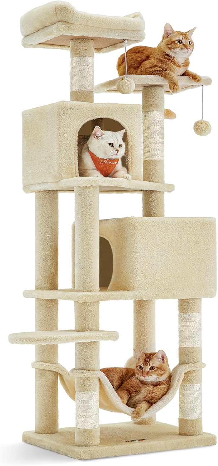 Feandrea Cat Tree, 59.5-Inch Tall Cat Tower, Plush Multi-Level Condo with 5 Scratching Posts, 2 Perches, 2 Caves, Hammock, 2 Pompoms, Light Gray UPCT192W01