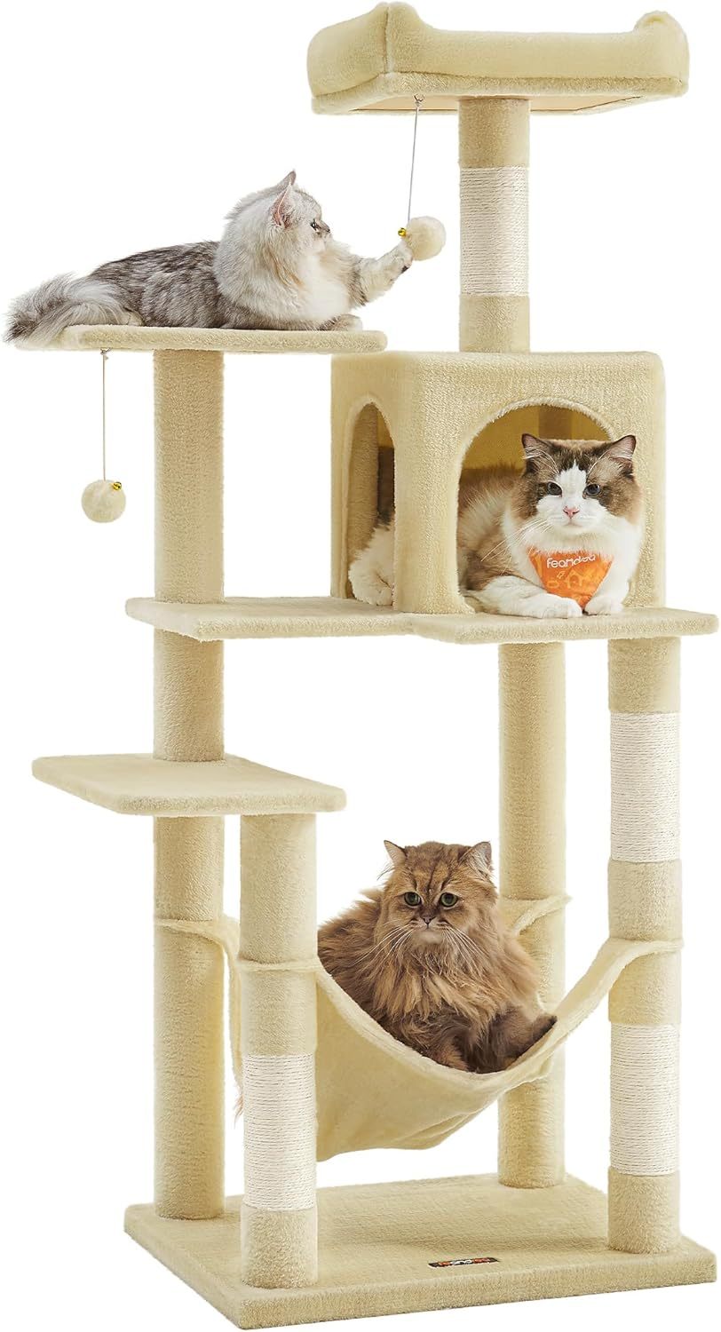 Feandrea Cat Tree, 59.5-Inch Tall Cat Tower, Plush Multi-Level Condo with 5 Scratching Posts, 2 Perches, 2 Caves, Hammock, 2 Pompoms, Light Gray UPCT192W01