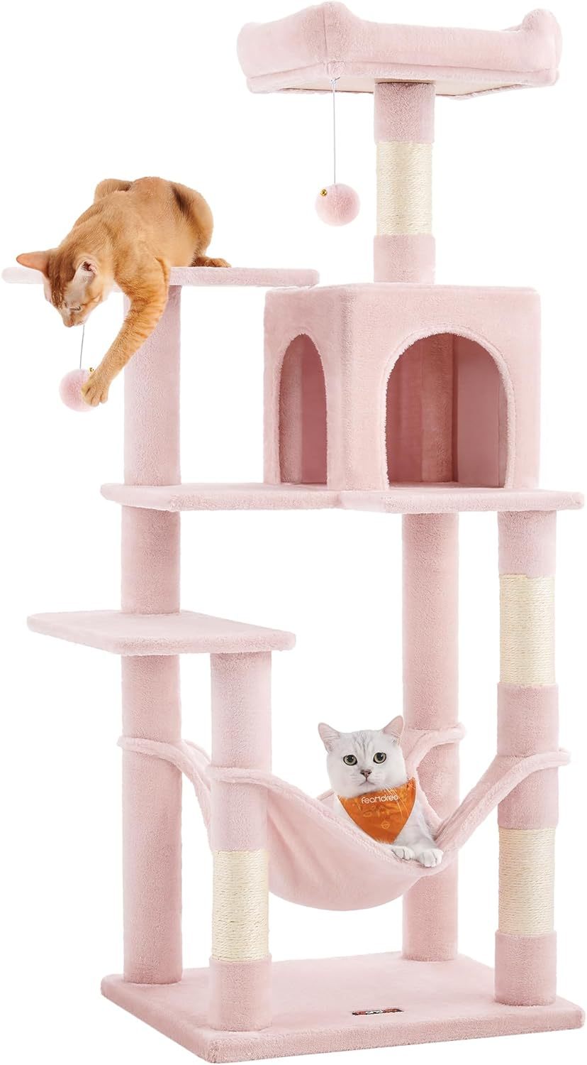 Feandrea Cat Tree, 59.5-Inch Tall Cat Tower, Plush Multi-Level Condo with 5 Scratching Posts, 2 Perches, 2 Caves, Hammock, 2 Pompoms, Light Gray UPCT192W01
