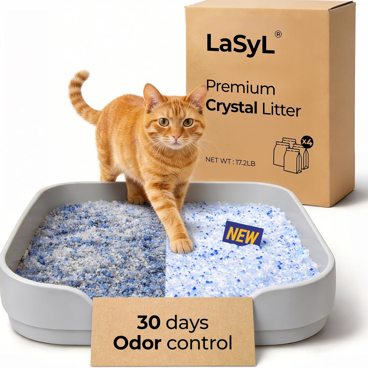 LaSyL Crystal Cat Litter for Multi-Cat Households - 17.2 lb Silica Gel, 30-Day Odor Control, 99.9% Dust-Free Non-Clumping Low Tracking Lightweight Unscented Formula (4 Bags x 4.3lb)