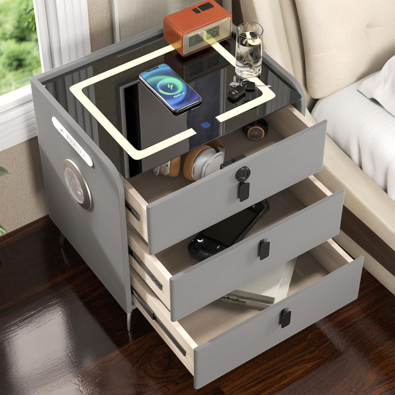 🔥Clearance Sale🔥Premium multi-functional smart bedside table with USB/wireless charging/tri-color lights/Bluetooth speaker/Fingerprint Unlocking