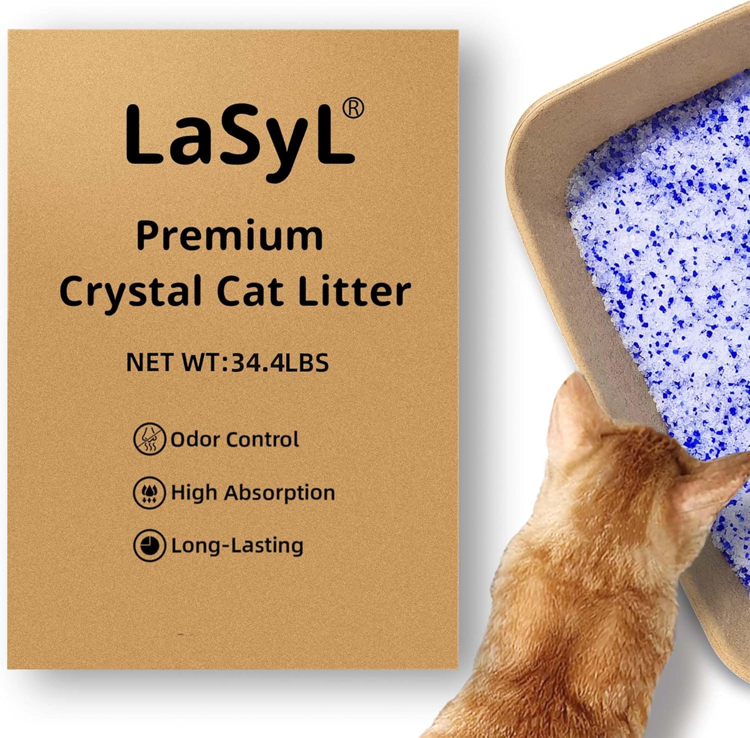 LaSyL Crystal Cat Litter for Multi-Cat Households - 17.2 lb Silica Gel, 30-Day Odor Control, 99.9% Dust-Free Non-Clumping Low Tracking Lightweight Unscented Formula (4 Bags x 4.3lb)