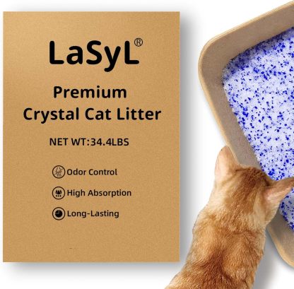 LaSyL Crystal Cat Litter for Multi-Cat Households - 17.2 lb Silica Gel, 30-Day Odor Control, 99.9% Dust-Free Non-Clumping Low Tracking Lightweight Unscented Formula (4 Bags x 4.3lb)