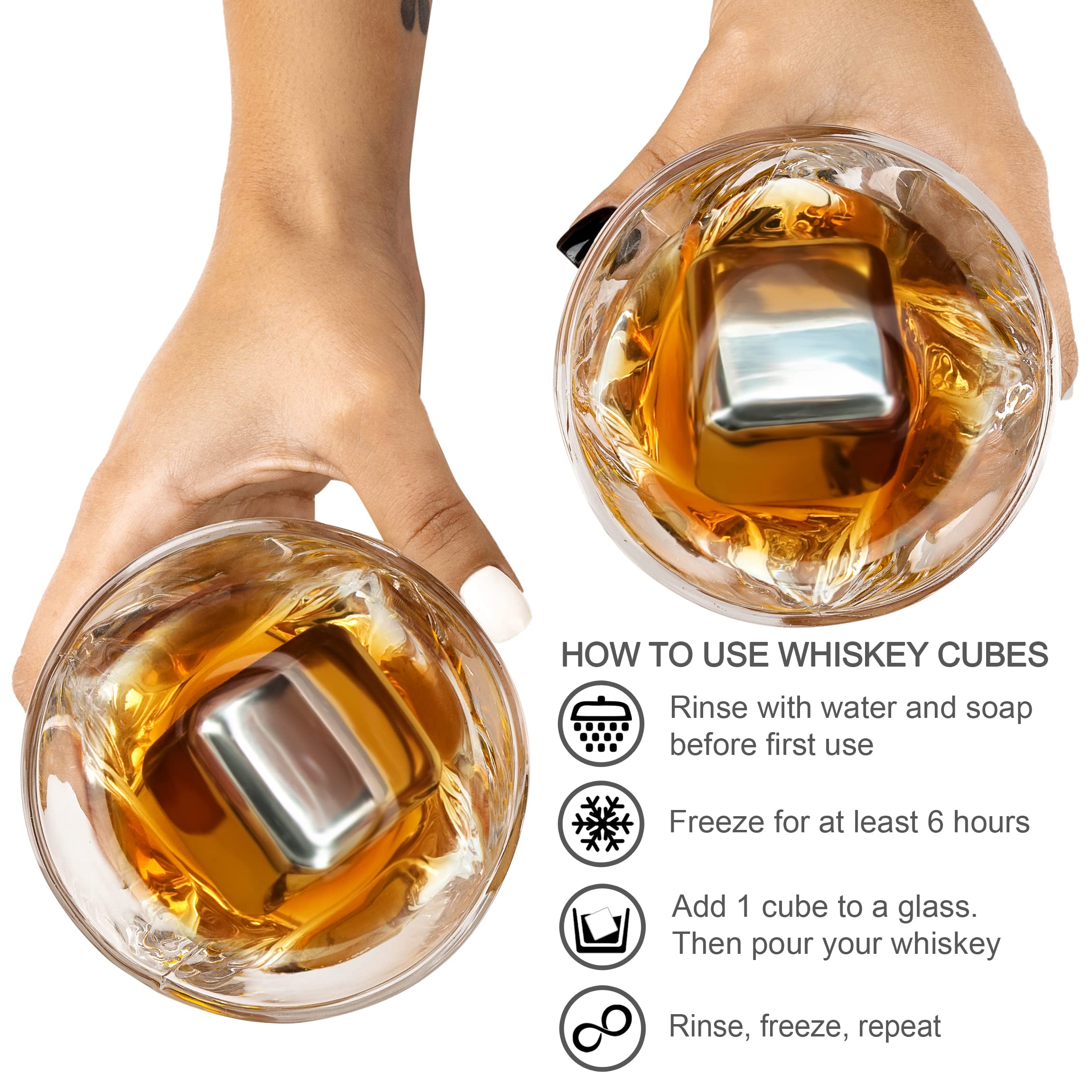 4 XL Stainless Steel Whisky Ice Cubes with Tongs & Freezer Pouch in Luxury Gift Box!