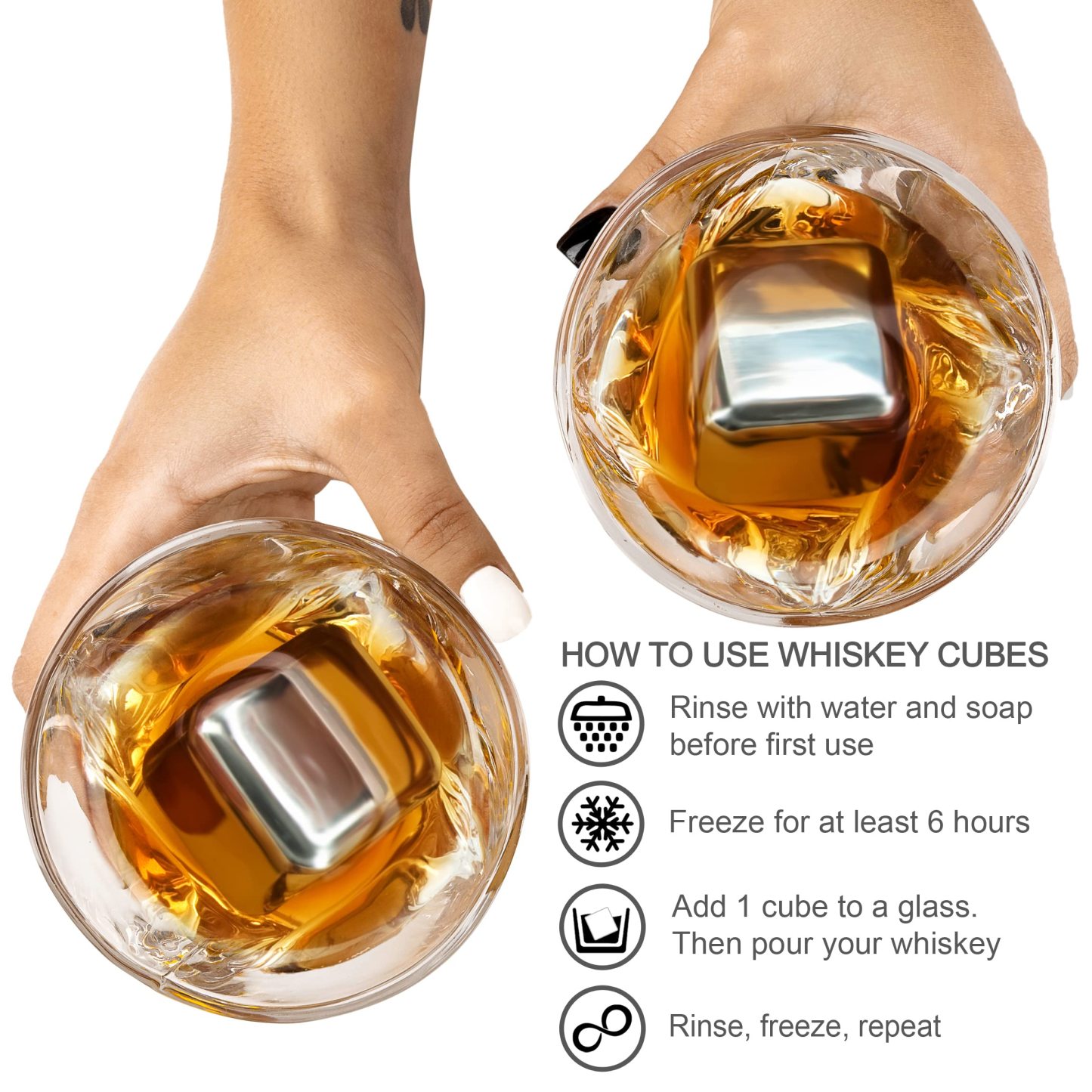 4 XL Stainless Steel Whisky Ice Cubes with Tongs & Freezer Pouch in Luxury Gift Box!