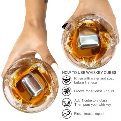4 XL Stainless Steel Whisky Ice Cubes with Tongs & Freezer Pouch in Luxury Gift Box!