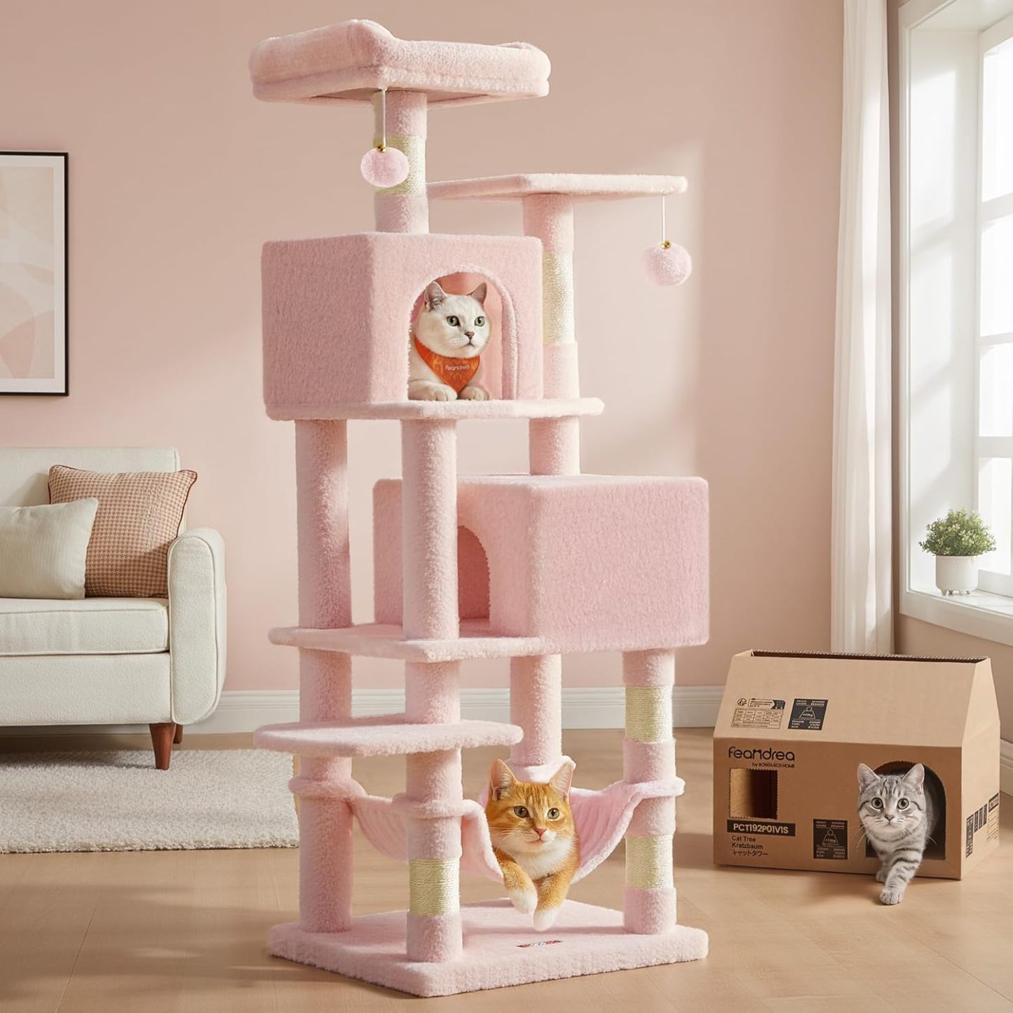 Feandrea Cat Tree, 59.5-Inch Tall Cat Tower, Plush Multi-Level Condo with 5 Scratching Posts, 2 Perches, 2 Caves, Hammock, 2 Pompoms, Light Gray UPCT192W01