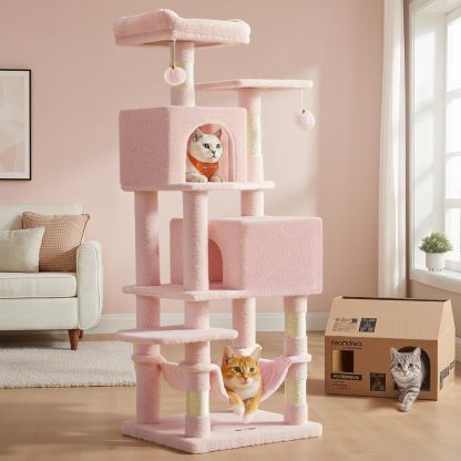 Feandrea Cat Tree, 59.5-Inch Tall Cat Tower, Plush Multi-Level Condo with 5 Scratching Posts, 2 Perches, 2 Caves, Hammock, 2 Pompoms, Light Gray UPCT192W01
