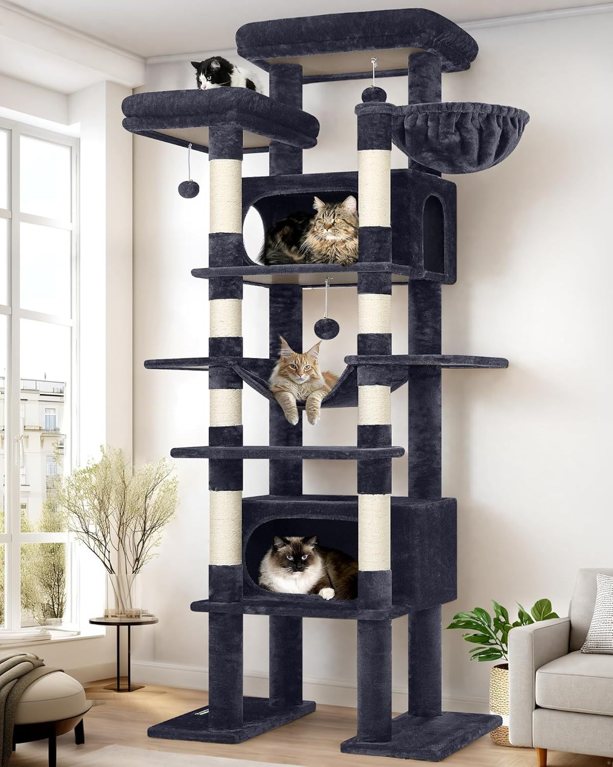 Globlazer XXL Giant Cat Tree, 83 Inch Heavy Duty Tall Cat Tower for Indoor Cats Large Adult, Multi-Level Large Cat Condo with 8 Scratching Posts, Hammock, 2 Cat Caves, 2 Platform, F83B, Dark Grey