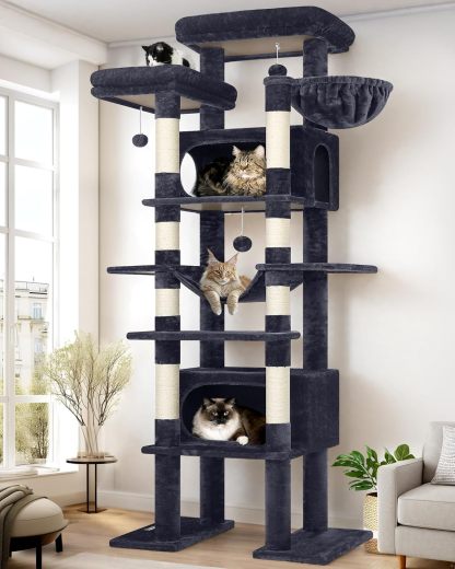 Globlazer XXL Giant Cat Tree, 83 Inch Heavy Duty Tall Cat Tower for Indoor Cats Large Adult, Multi-Level Large Cat Condo with 8 Scratching Posts, Hammock, 2 Cat Caves, 2 Platform, F83B, Dark Grey