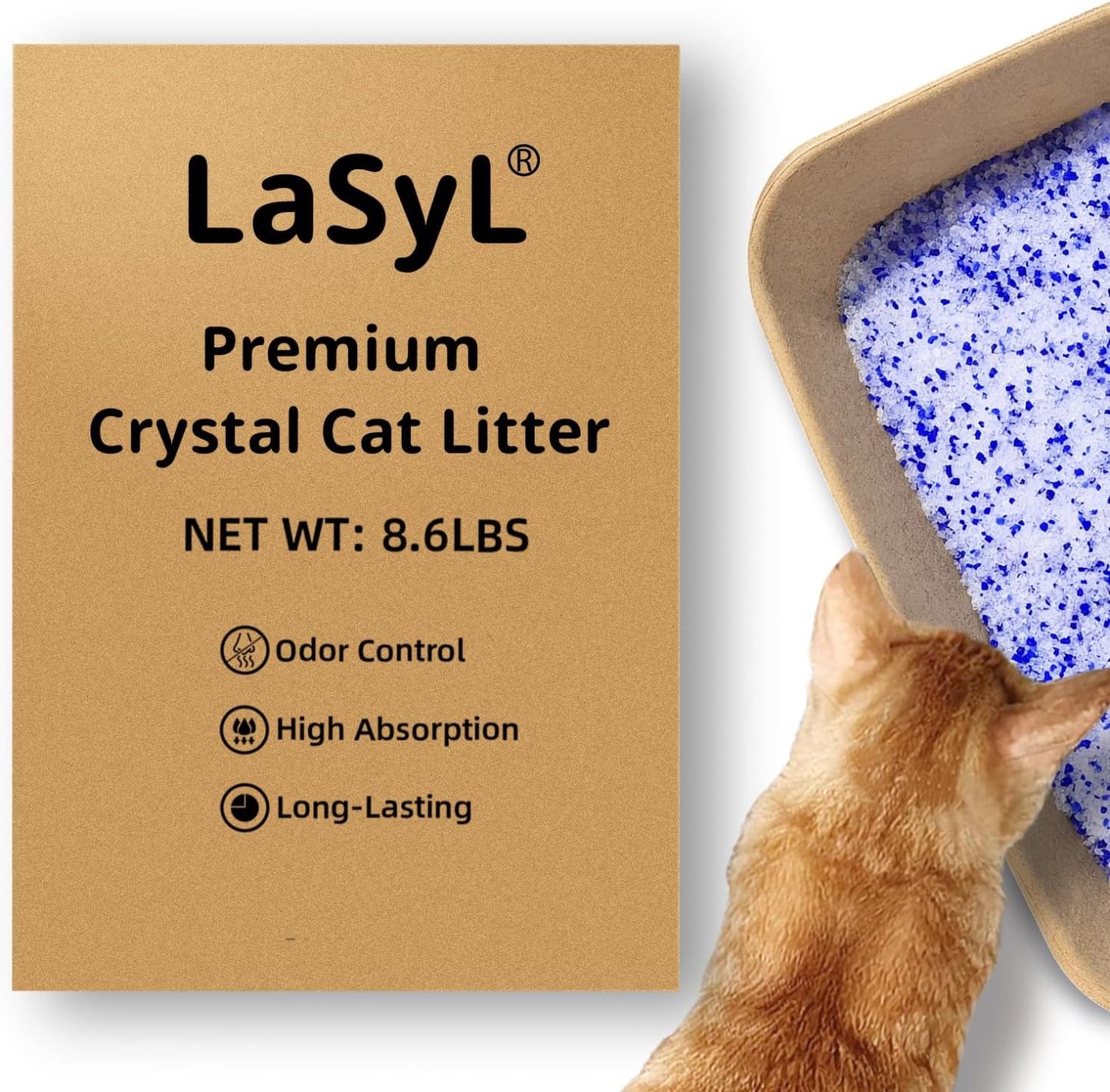 LaSyL Crystal Cat Litter for Multi-Cat Households - 17.2 lb Silica Gel, 30-Day Odor Control, 99.9% Dust-Free Non-Clumping Low Tracking Lightweight Unscented Formula (4 Bags x 4.3lb)