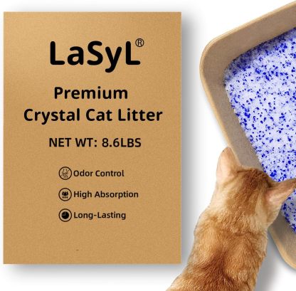 LaSyL Crystal Cat Litter for Multi-Cat Households - 17.2 lb Silica Gel, 30-Day Odor Control, 99.9% Dust-Free Non-Clumping Low Tracking Lightweight Unscented Formula (4 Bags x 4.3lb)