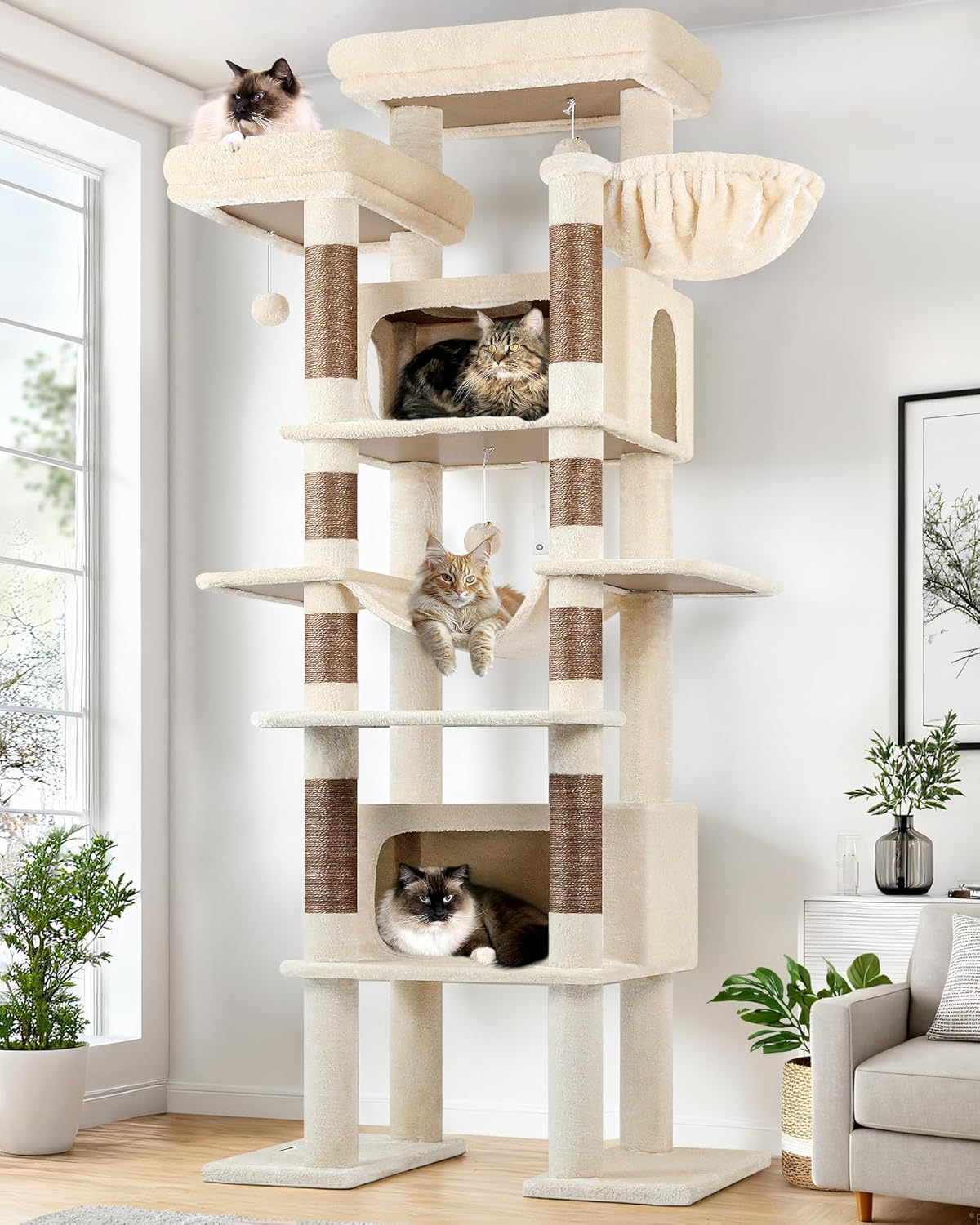 Globlazer XXL Giant Cat Tree, 83 Inch Heavy Duty Tall Cat Tower for Indoor Cats Large Adult, Multi-Level Large Cat Condo with 8 Scratching Posts, Hammock, 2 Cat Caves, 2 Platform, F83B, Dark Grey