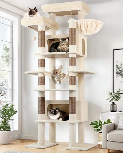Globlazer XXL Giant Cat Tree, 83 Inch Heavy Duty Tall Cat Tower for Indoor Cats Large Adult, Multi-Level Large Cat Condo with 8 Scratching Posts, Hammock, 2 Cat Caves, 2 Platform, F83B, Dark Grey