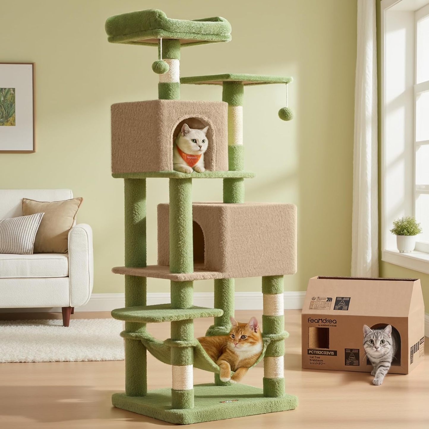 Feandrea Cat Tree, 59.5-Inch Tall Cat Tower, Plush Multi-Level Condo with 5 Scratching Posts, 2 Perches, 2 Caves, Hammock, 2 Pompoms, Light Gray UPCT192W01