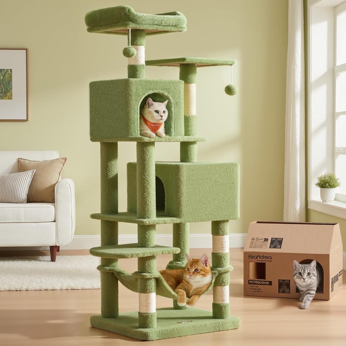 Feandrea Cat Tree, 59.5-Inch Tall Cat Tower, Plush Multi-Level Condo with 5 Scratching Posts, 2 Perches, 2 Caves, Hammock, 2 Pompoms, Light Gray UPCT192W01
