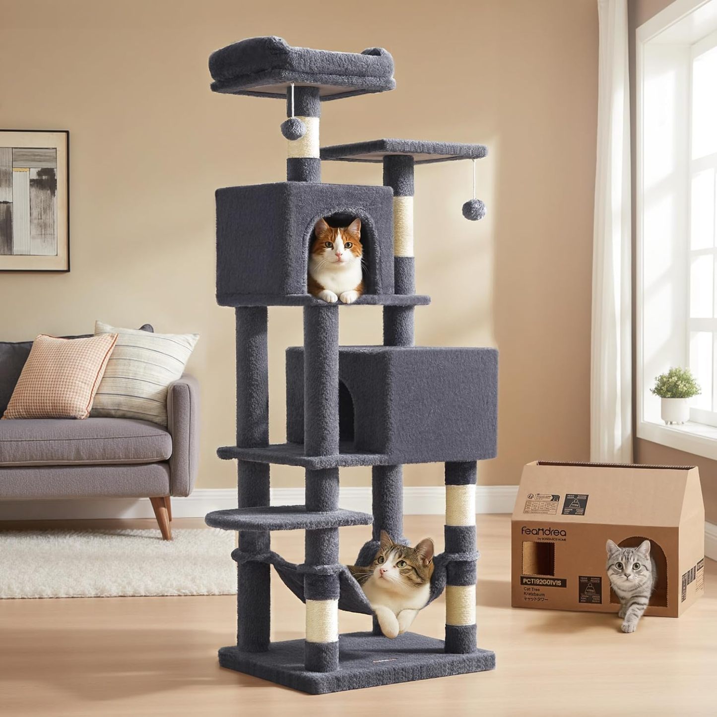 Feandrea Cat Tree, 59.5-Inch Tall Cat Tower, Plush Multi-Level Condo with 5 Scratching Posts, 2 Perches, 2 Caves, Hammock, 2 Pompoms, Light Gray UPCT192W01