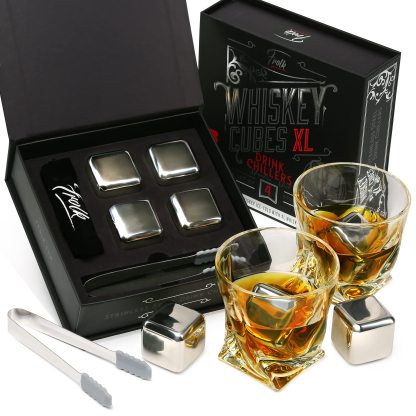 4 XL Stainless Steel Whisky Ice Cubes with Tongs & Freezer Pouch in Luxury Gift Box!