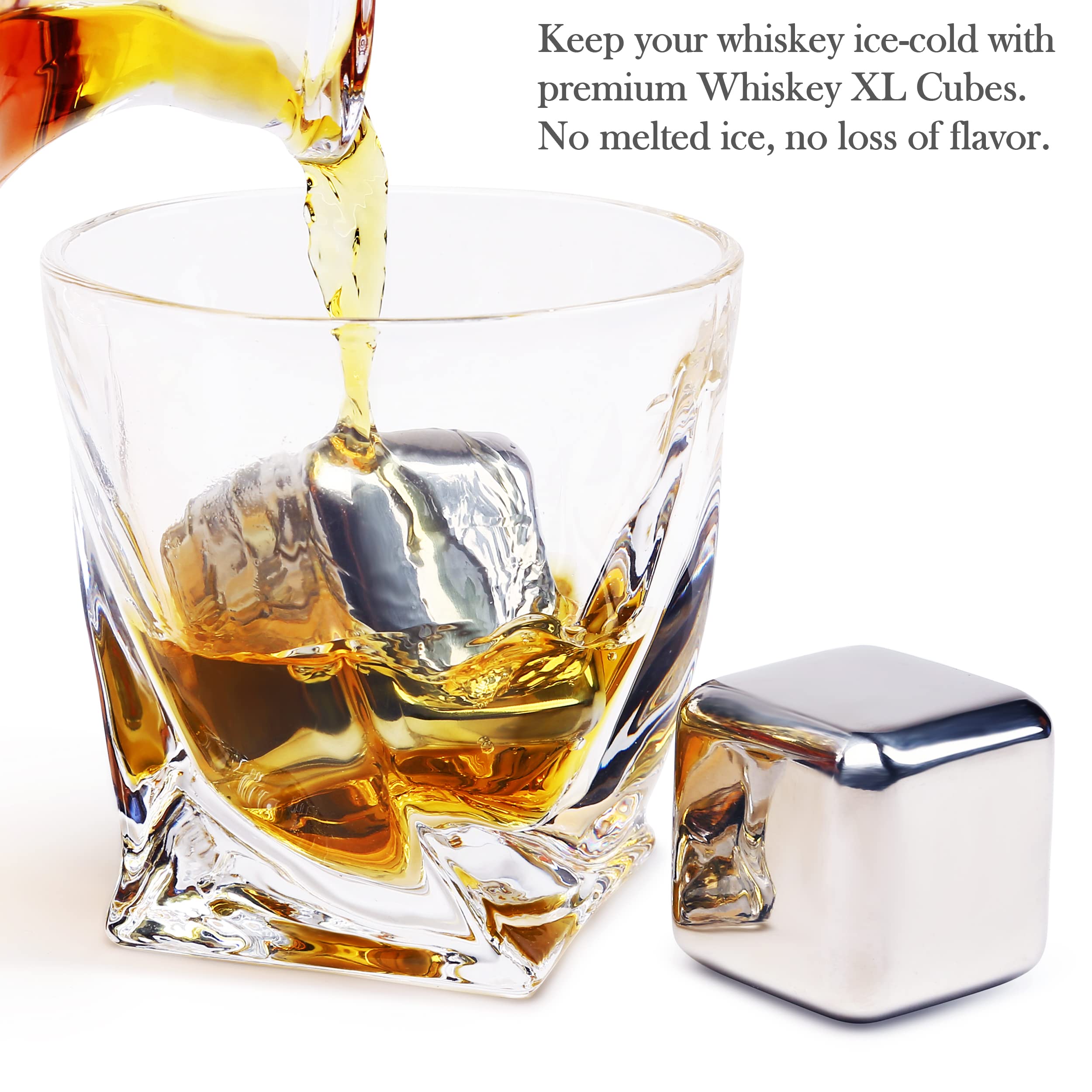 4 XL Stainless Steel Whisky Ice Cubes with Tongs & Freezer Pouch in Luxury Gift Box!