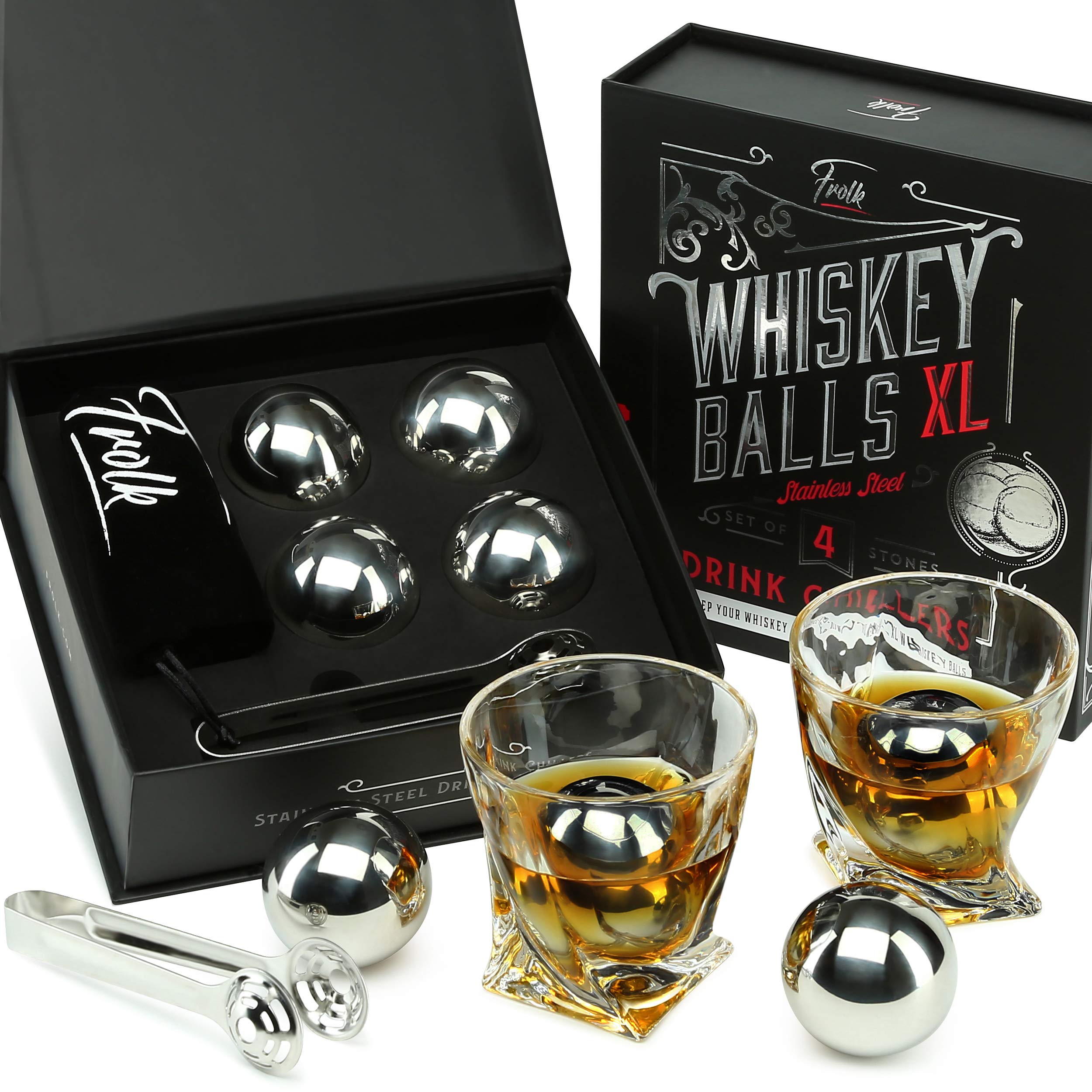 4 XL Stainless Steel Whisky Ice Cubes with Tongs & Freezer Pouch in Luxury Gift Box!