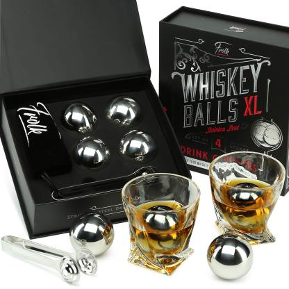 4 XL Stainless Steel Whisky Ice Cubes with Tongs & Freezer Pouch in Luxury Gift Box!
