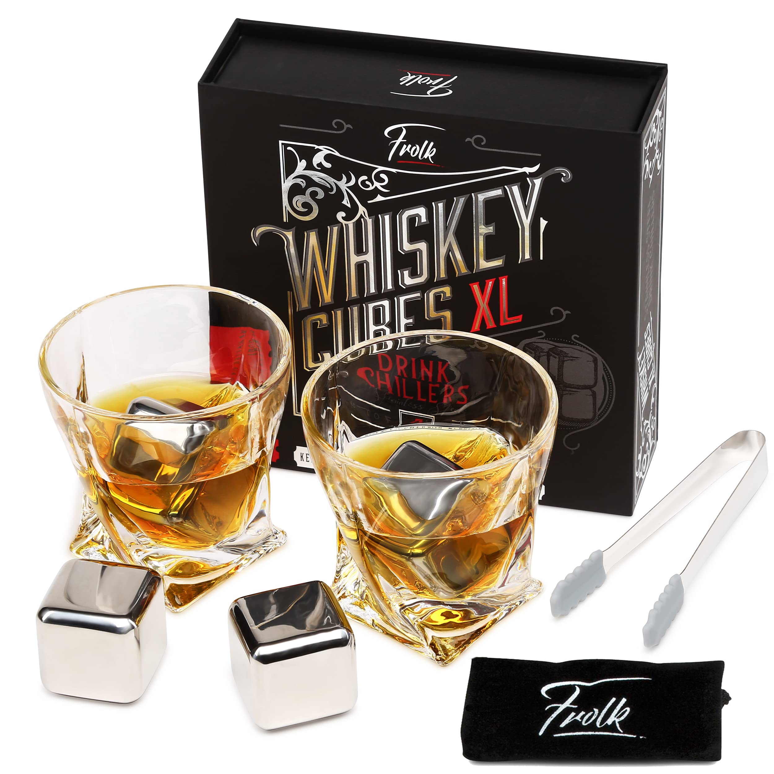 4 XL Stainless Steel Whisky Ice Cubes with Tongs & Freezer Pouch in Luxury Gift Box!