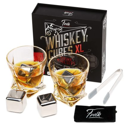 4 XL Stainless Steel Whisky Ice Cubes with Tongs & Freezer Pouch in Luxury Gift Box!