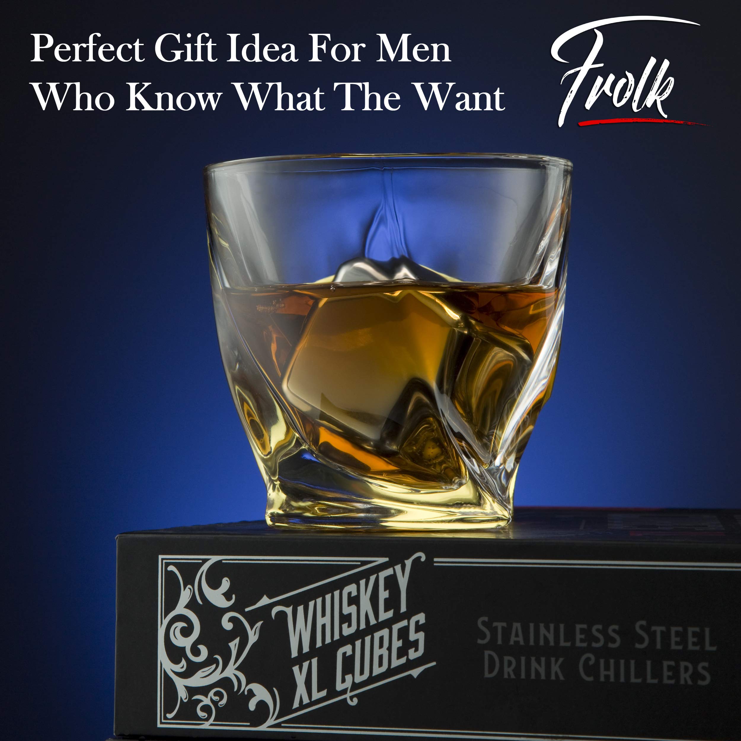 4 XL Stainless Steel Whisky Ice Cubes with Tongs & Freezer Pouch in Luxury Gift Box!
