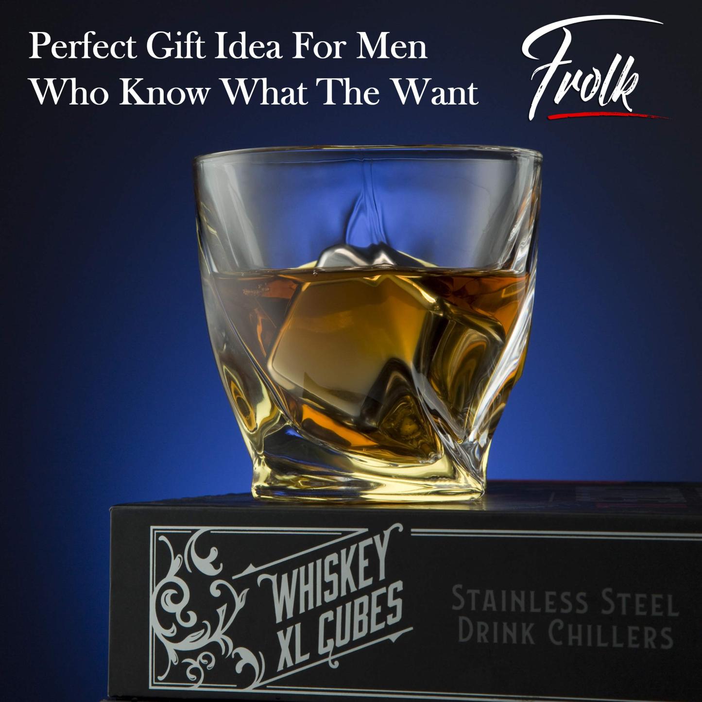 4 XL Stainless Steel Whisky Ice Cubes with Tongs & Freezer Pouch in Luxury Gift Box!
