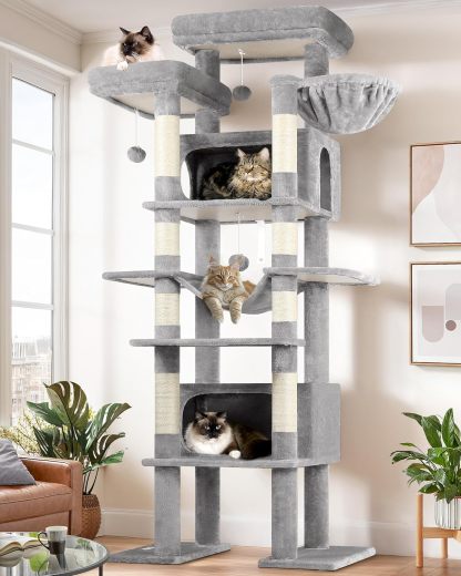 Globlazer XXL Giant Cat Tree, 83 Inch Heavy Duty Tall Cat Tower for Indoor Cats Large Adult, Multi-Level Large Cat Condo with 8 Scratching Posts, Hammock, 2 Cat Caves, 2 Platform, F83B, Dark Grey