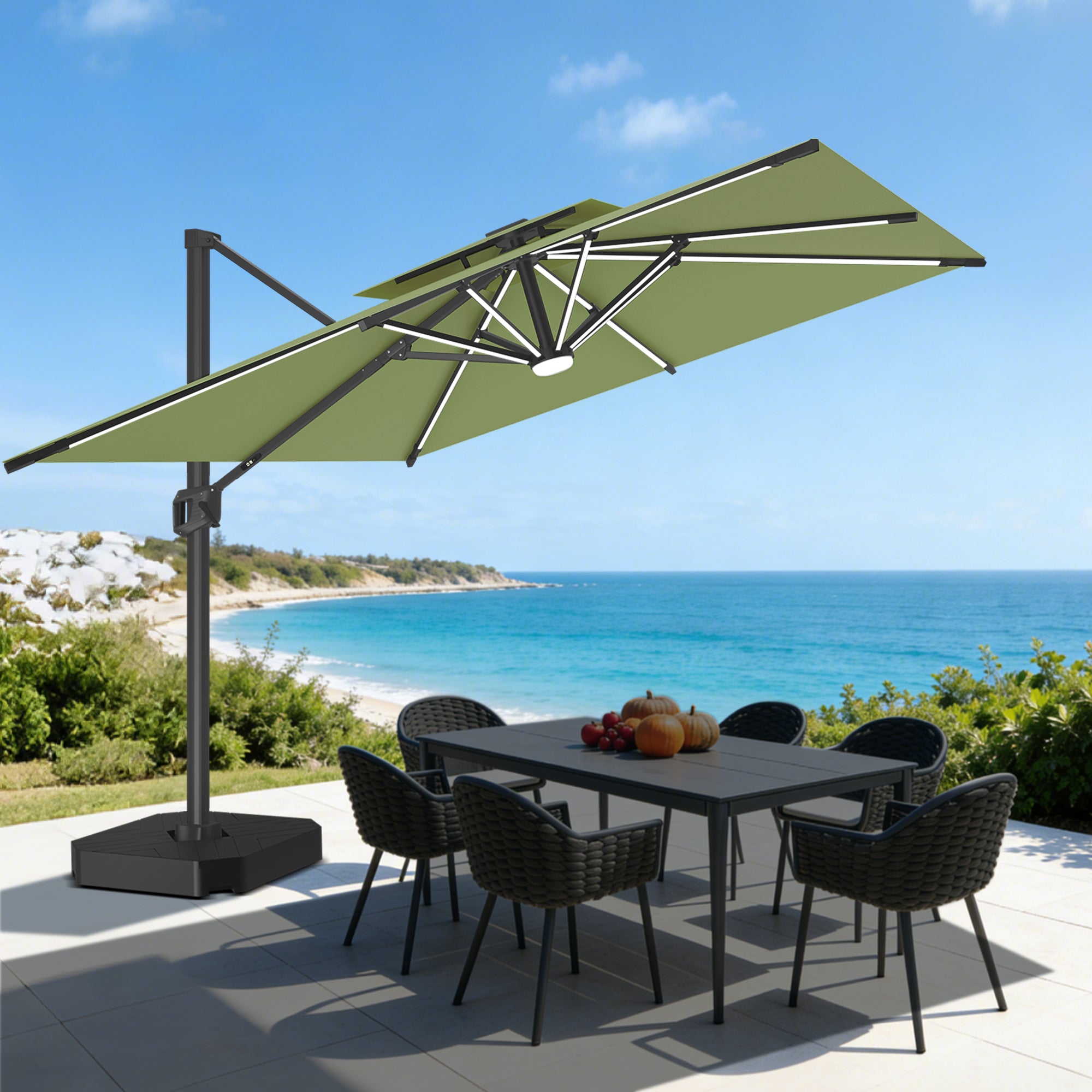 Patioslife Aegis Pro | Parasol Lateral Excéntrico 3x3m con LED Solar — Estructura de Aluminio Termolacado, Sombrilla Inclinable y Giratoria 360°