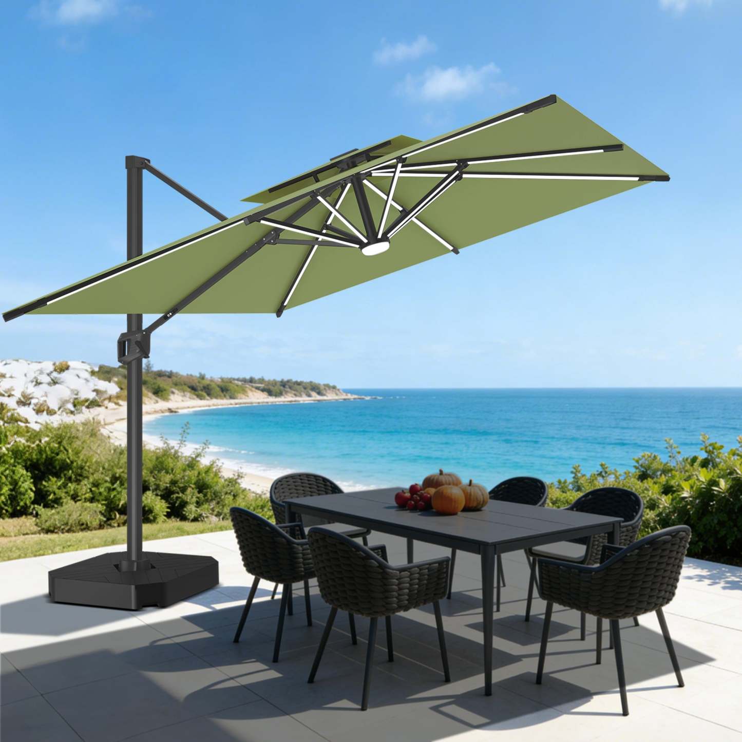 Patioslife Aegis Pro | Parasol Lateral Excéntrico 3x3m con LED Solar — Estructura de Aluminio Termolacado, Sombrilla Inclinable y Giratoria 360°