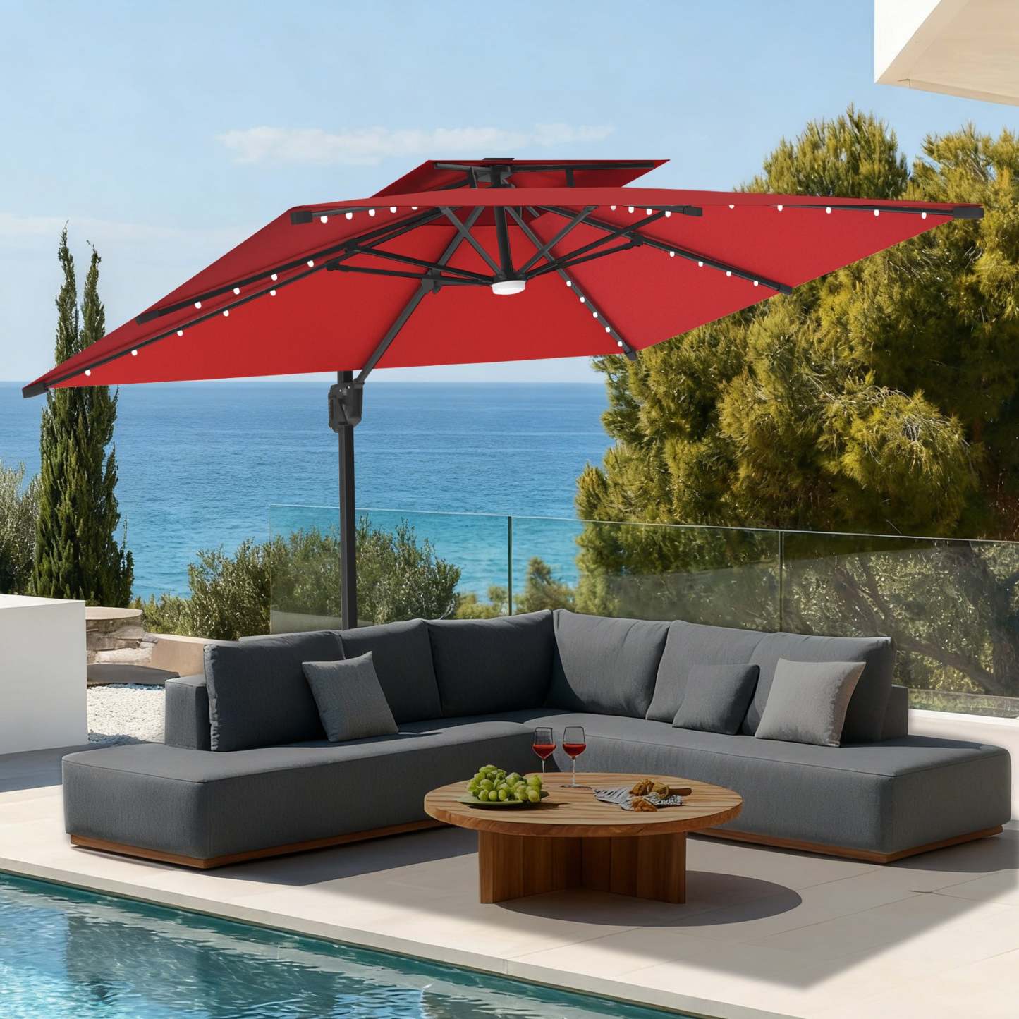 Patioslife Aegis Pro | Parasol Lateral Excéntrico 3x3m con LED Solar — Estructura de Aluminio Termolacado, Sombrilla Inclinable y Giratoria 360°