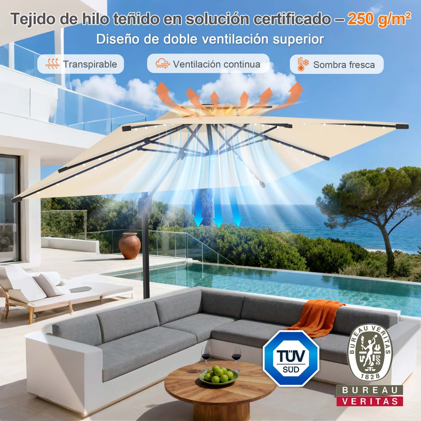 Patioslife Aegis Pro | Parasol Lateral Excéntrico 3x3m con LED Solar — Estructura de Aluminio Termolacado, Sombrilla Inclinable y Giratoria 360°