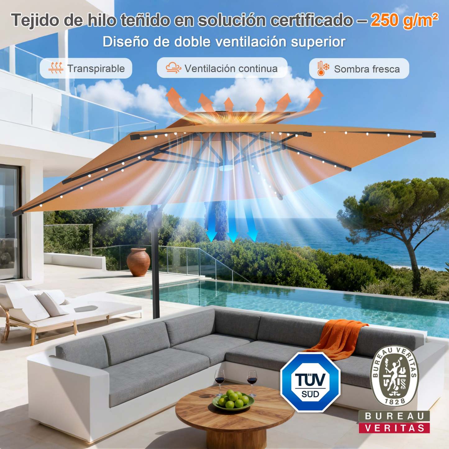 Patioslife Aegis Pro | Parasol Lateral Excéntrico 3x3m con LED Solar — Estructura de Aluminio Termolacado, Sombrilla Inclinable y Giratoria 360°