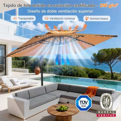 Patioslife Aegis Pro | Parasol Lateral Excéntrico 3x3m con LED Solar — Estructura de Aluminio Termolacado, Sombrilla Inclinable y Giratoria 360°