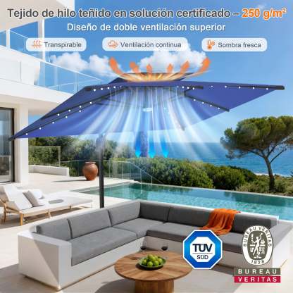Patioslife Aegis Pro | Parasol Lateral Excéntrico 3x3m con LED Solar — Estructura de Aluminio Termolacado, Sombrilla Inclinable y Giratoria 360°