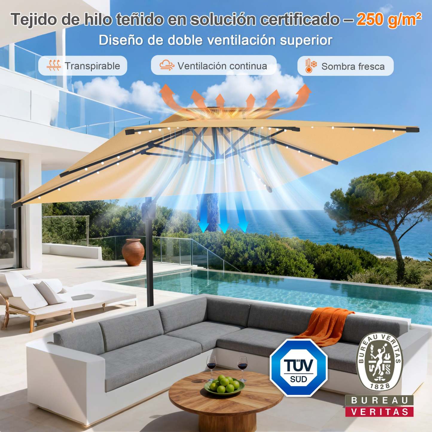 Patioslife Aegis Pro | Parasol Lateral Excéntrico 3x3m con LED Solar — Estructura de Aluminio Termolacado, Sombrilla Inclinable y Giratoria 360°