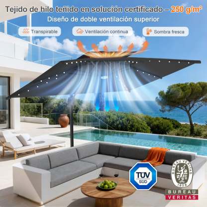 Patioslife Aegis Pro | Parasol Lateral Excéntrico 3x3m con LED Solar — Estructura de Aluminio Termolacado, Sombrilla Inclinable y Giratoria 360°
