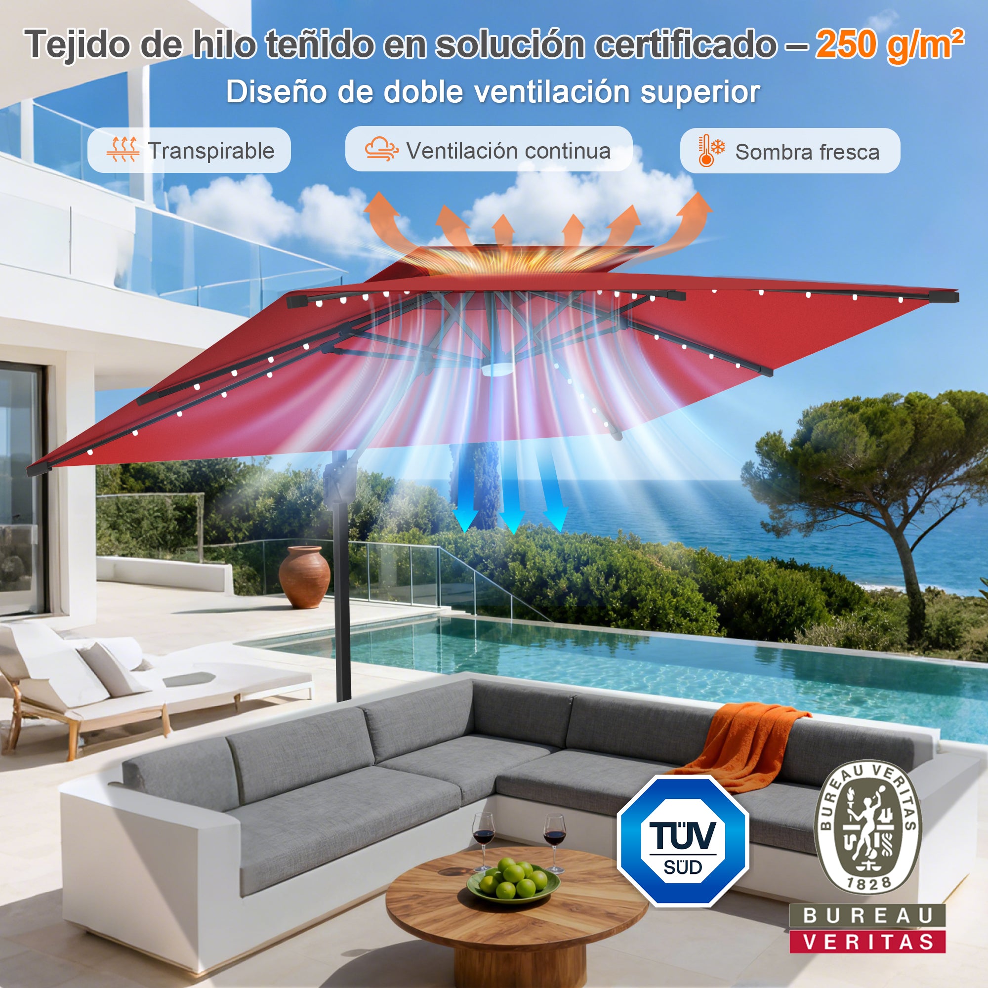 Patioslife Aegis Pro | Parasol Lateral Excéntrico 3x3m con LED Solar — Estructura de Aluminio Termolacado, Sombrilla Inclinable y Giratoria 360°