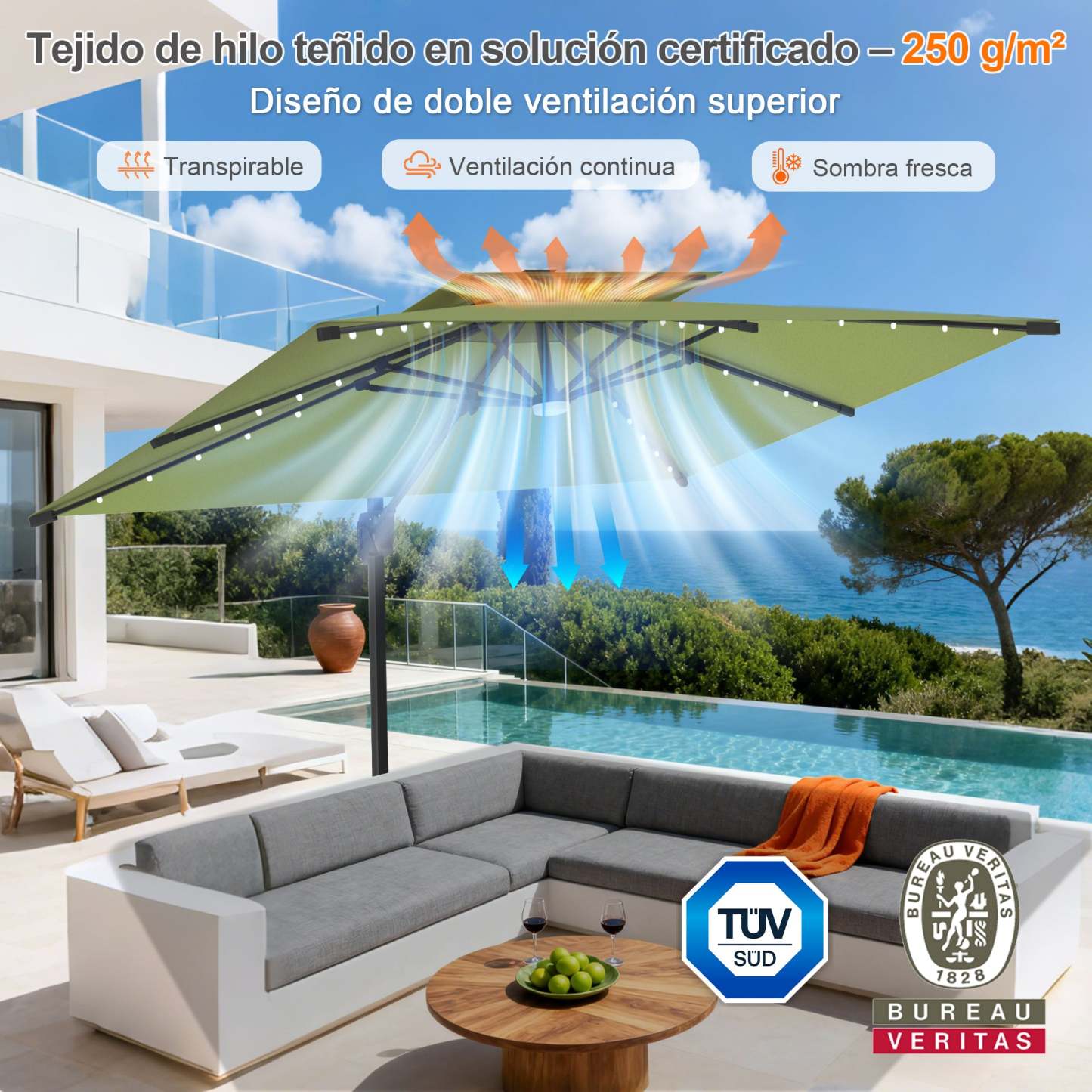 Patioslife Aegis Pro | Parasol Lateral Excéntrico 3x3m con LED Solar — Estructura de Aluminio Termolacado, Sombrilla Inclinable y Giratoria 360°
