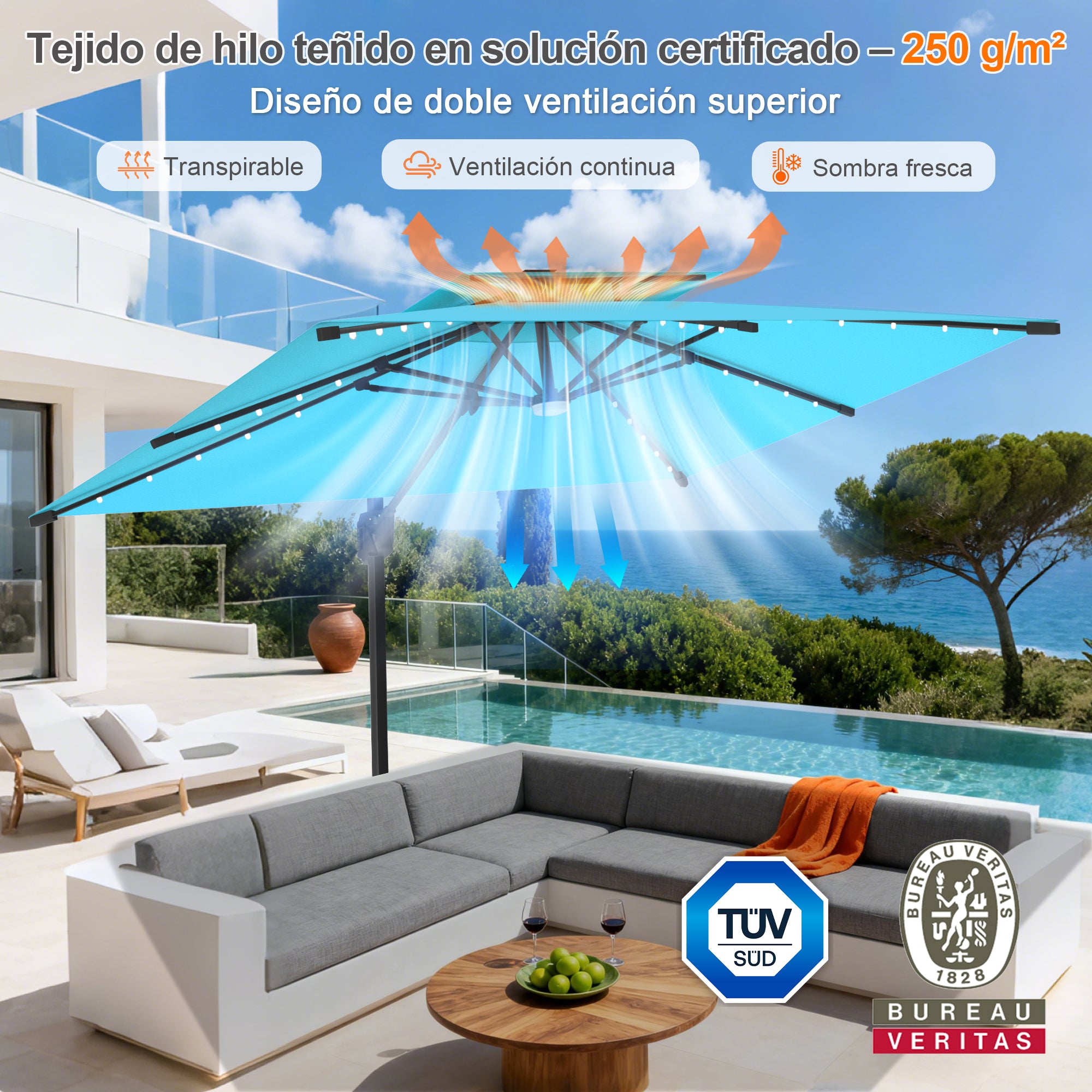 Patioslife Aegis Pro | Parasol Lateral Excéntrico 3x3m con LED Solar — Estructura de Aluminio Termolacado, Sombrilla Inclinable y Giratoria 360°
