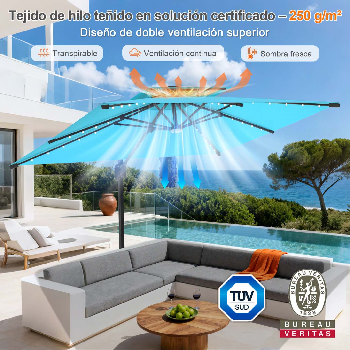Patioslife Aegis Pro | Parasol Lateral Excéntrico 3x3m con LED Solar — Estructura de Aluminio Termolacado, Sombrilla Inclinable y Giratoria 360°