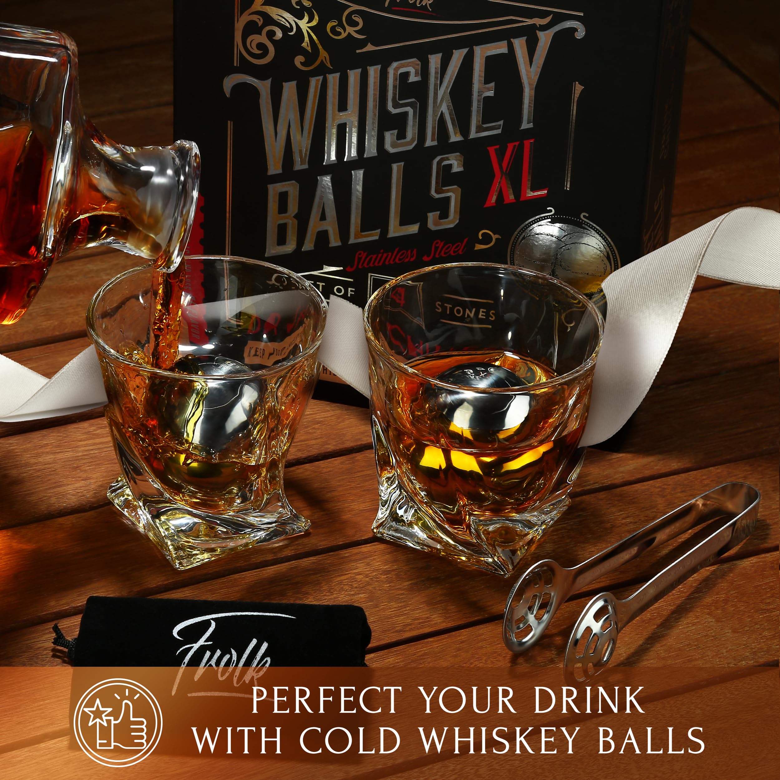 4 XL Stainless Steel Whisky Ice Cubes with Tongs & Freezer Pouch in Luxury Gift Box!