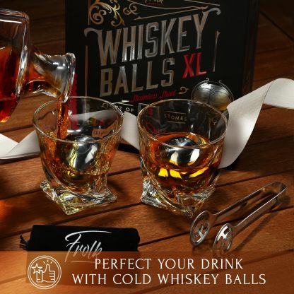 4 XL Stainless Steel Whisky Ice Cubes with Tongs & Freezer Pouch in Luxury Gift Box!