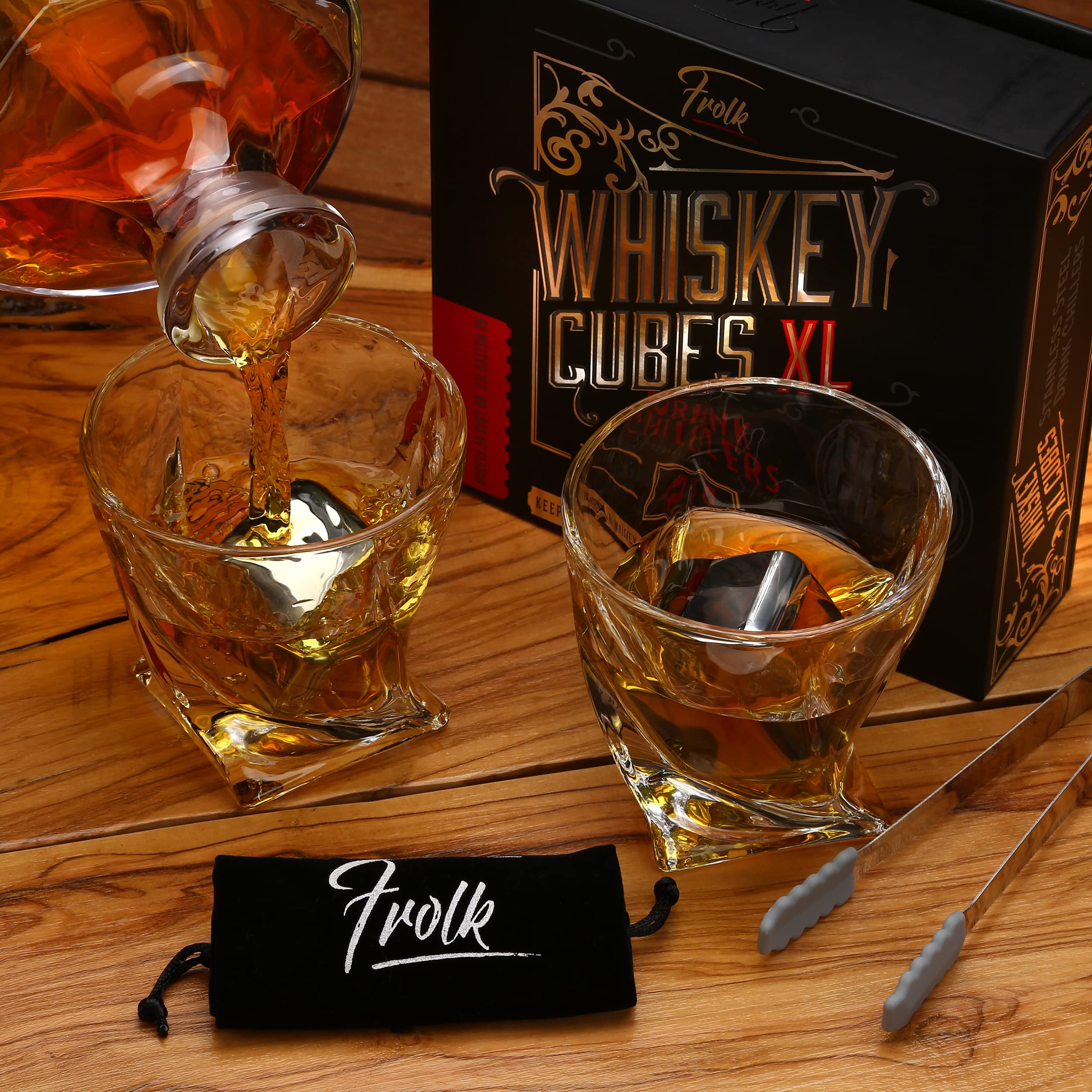 4 XL Stainless Steel Whisky Ice Cubes with Tongs & Freezer Pouch in Luxury Gift Box!