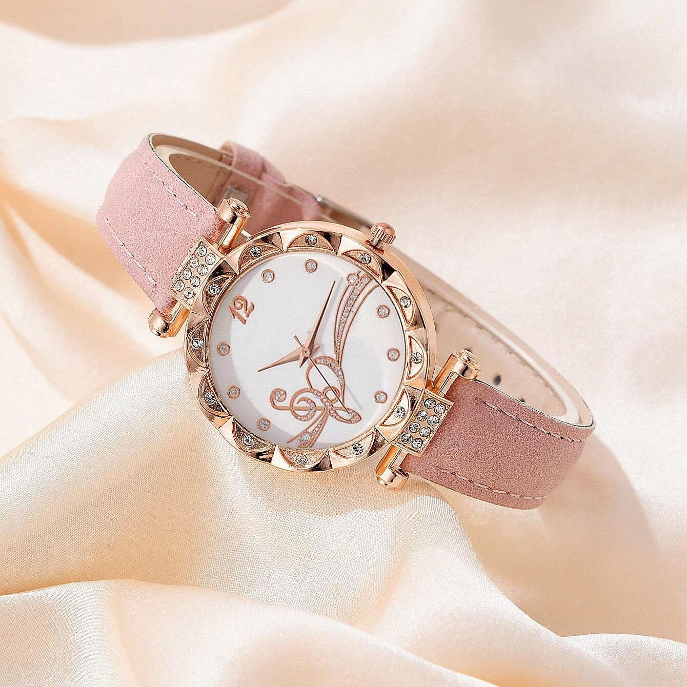 6pcs/Set Women's Leather Strap Quartz Watch, Butterfly & Star Necklace & Bracelet, Ring, And Earrings