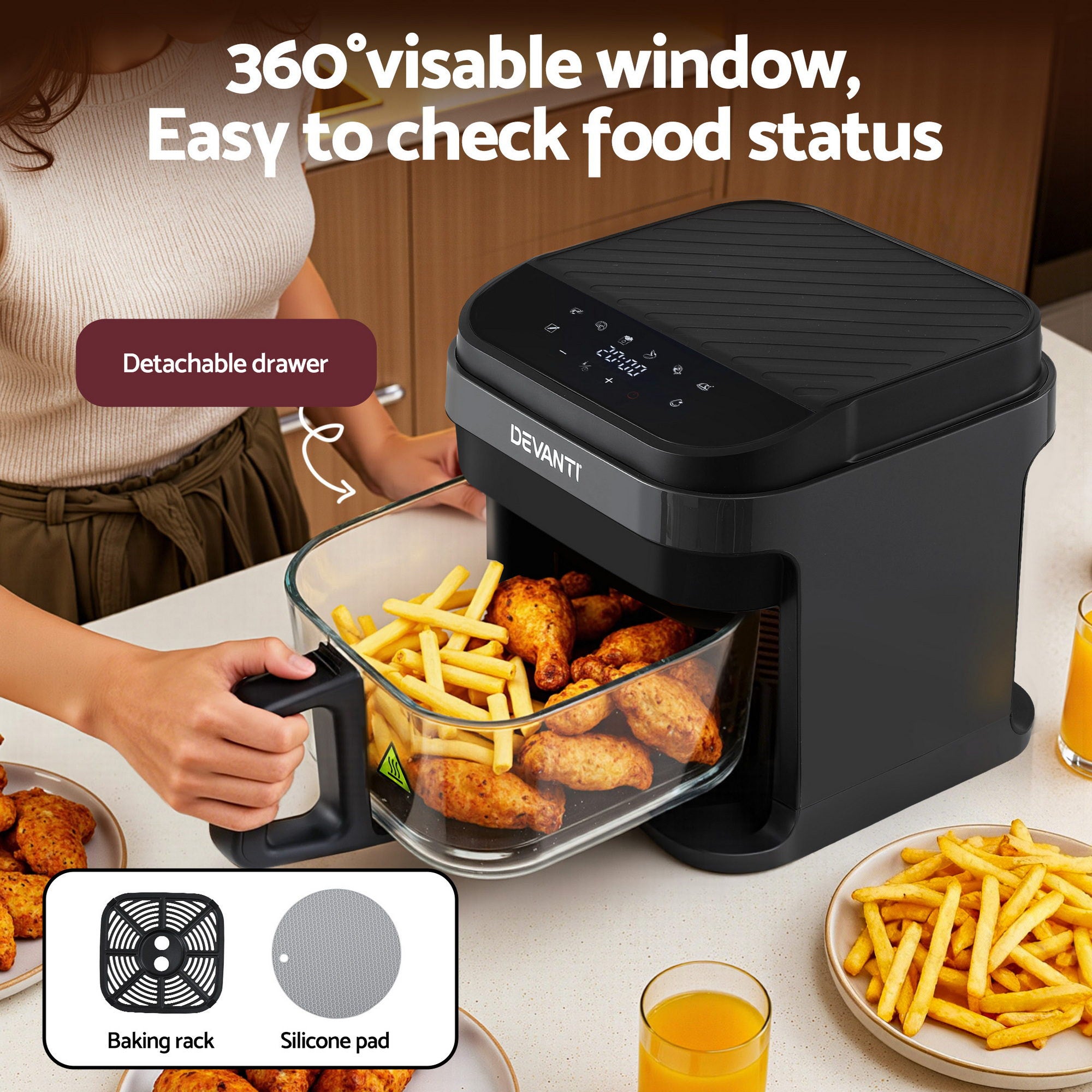Devanti Air Fryer 5.5L Touch Control Electric Cooker 1200W Black