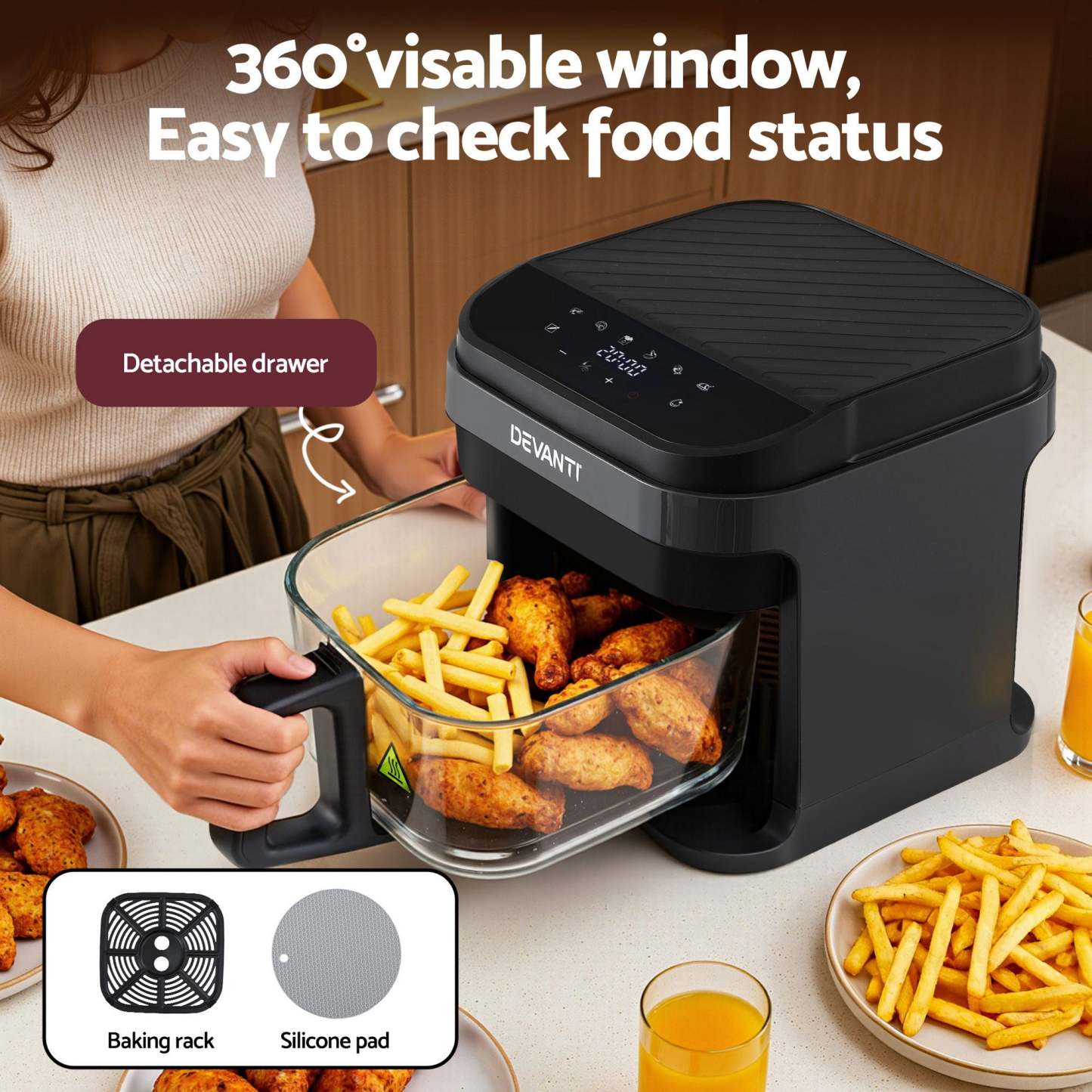 Devanti Air Fryer 5.5L Touch Control Electric Cooker 1200W Black